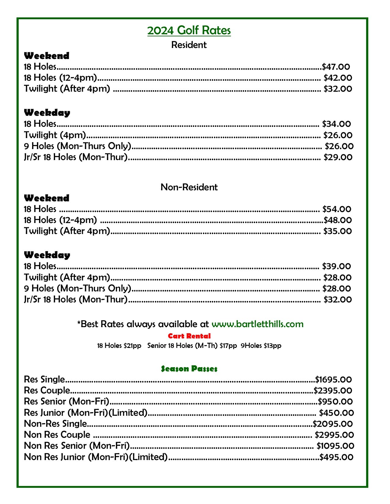 GOLF RATES 2024 - Bartlett Hills Golf Club Course Rate Information